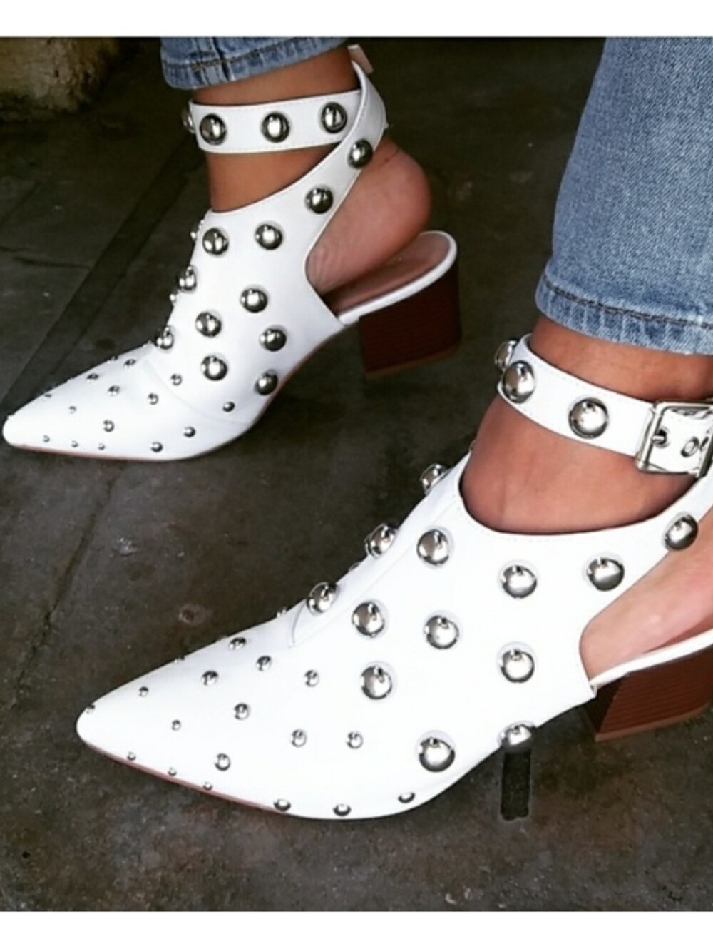 White Studded Pointed-Toe Ankle Strap Heels - Women's